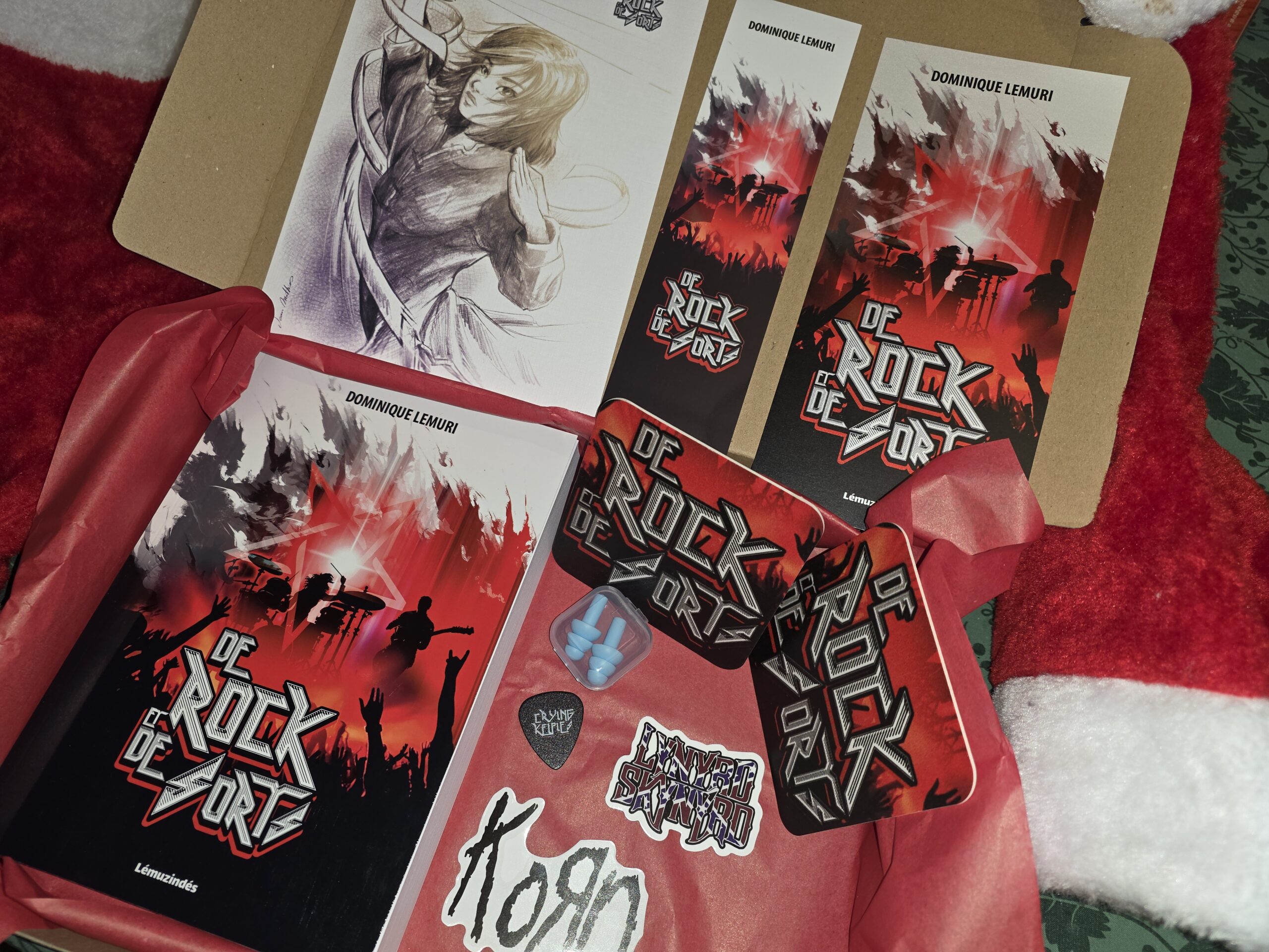 photo du contenu de la box cadeau avec marque pages, sous bock, illustrations, stickers et mediator exclusif